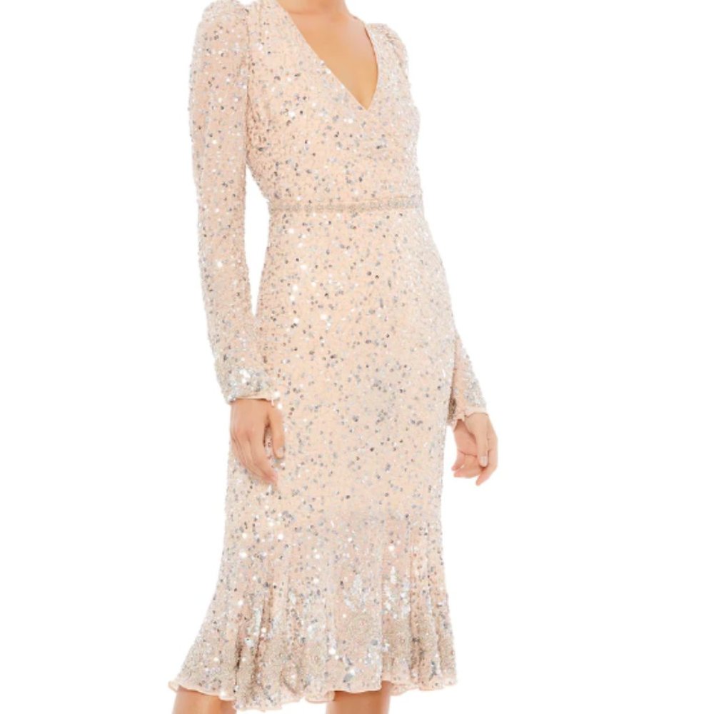 MAC DUGGAL 10740 SEQUIN EMBELLISHED HEMLIN BELT NUDE/SILVER MIDI DRESS sz 8